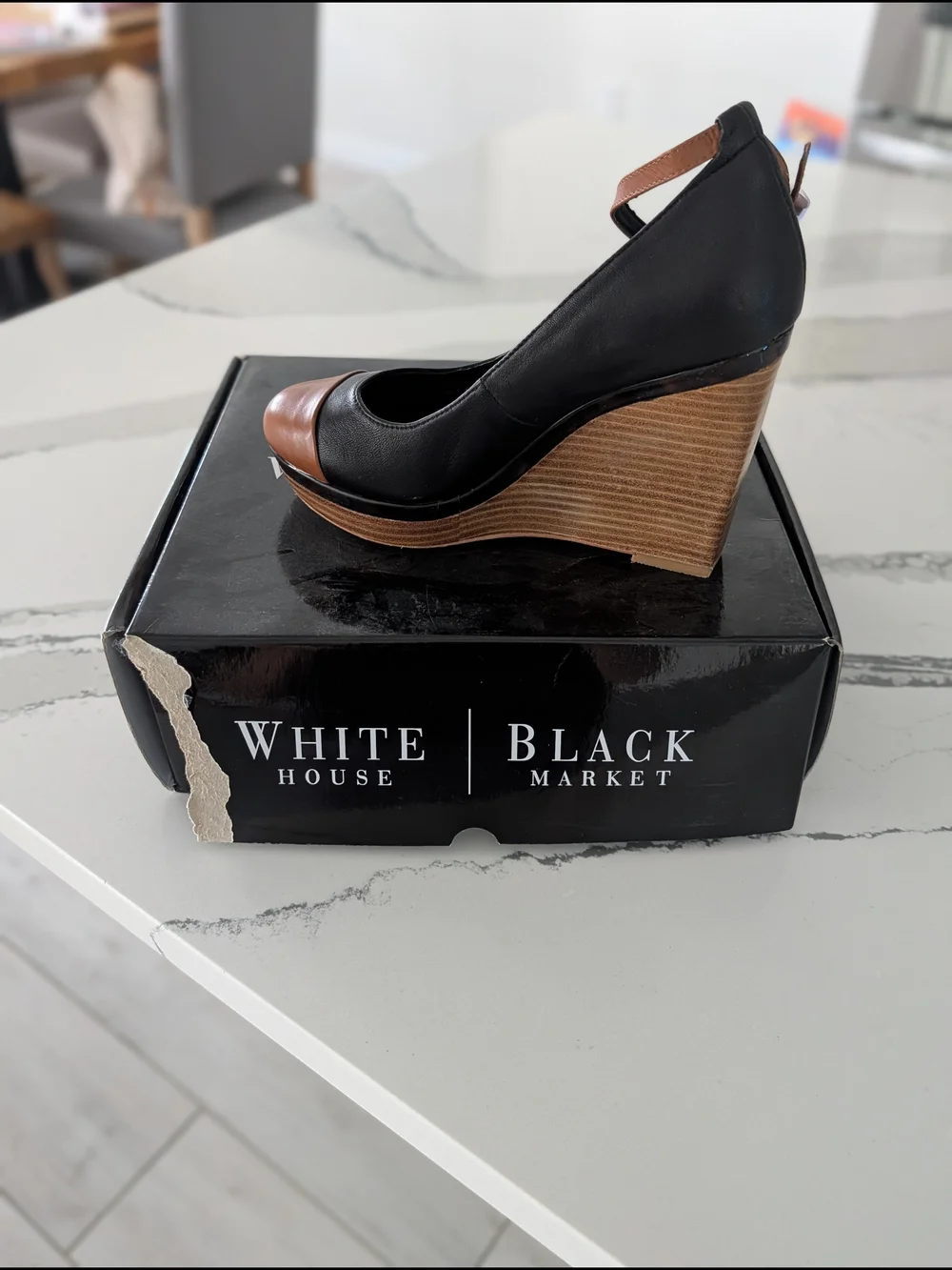 White House Black Market Black and Brown Leather Wedge Pump